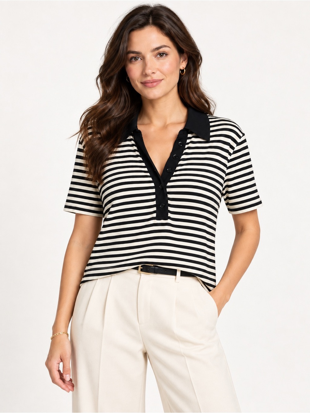 BAILEY/44 Black & White Striped Collared Short Sleeve Top Women’s XL